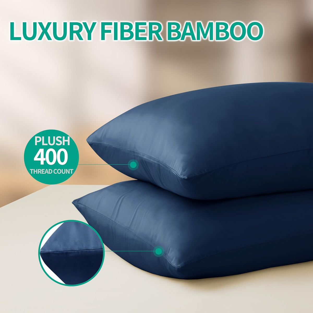 King Size Bamboo Viscose Zippered Pillowcases, 2 Pack, Navy Blue