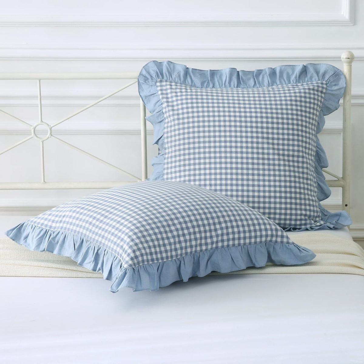 Mywinlle Taupe Plaid Gingham Ruffle Decorative Throw Pillow Covers 18"x18"