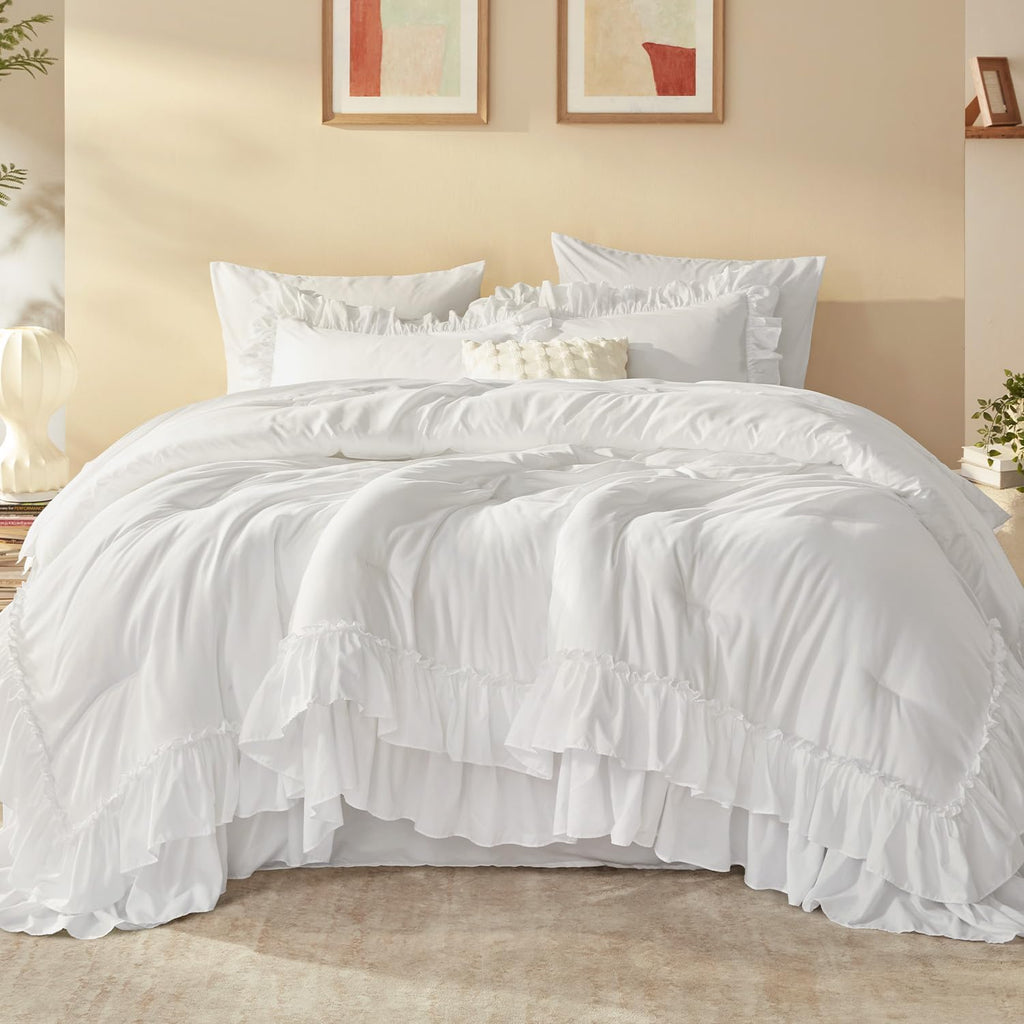 Litanika Queen Comforter Set, 7 Pcs White Ruffle Bed in a Bag