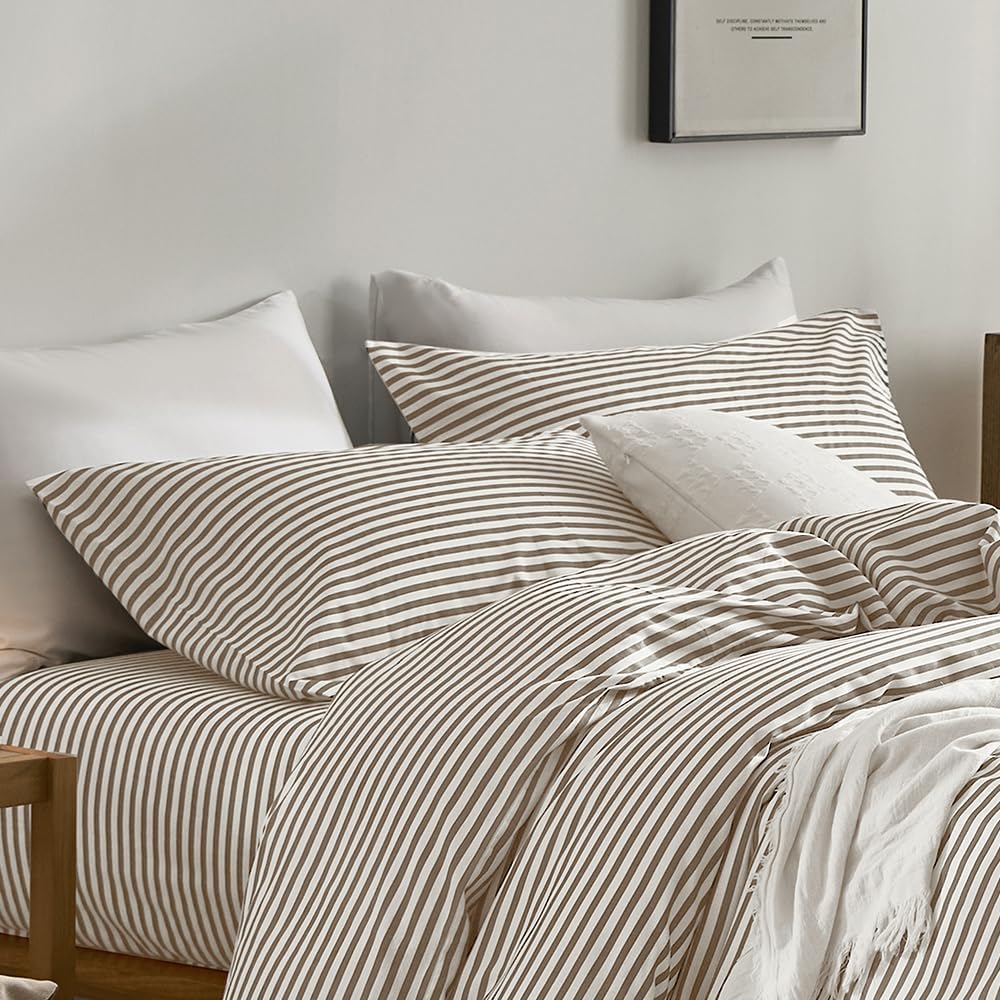 JELLYMONI Cotton Classic Striped Pillowcases Set of 2, Tan, Standard