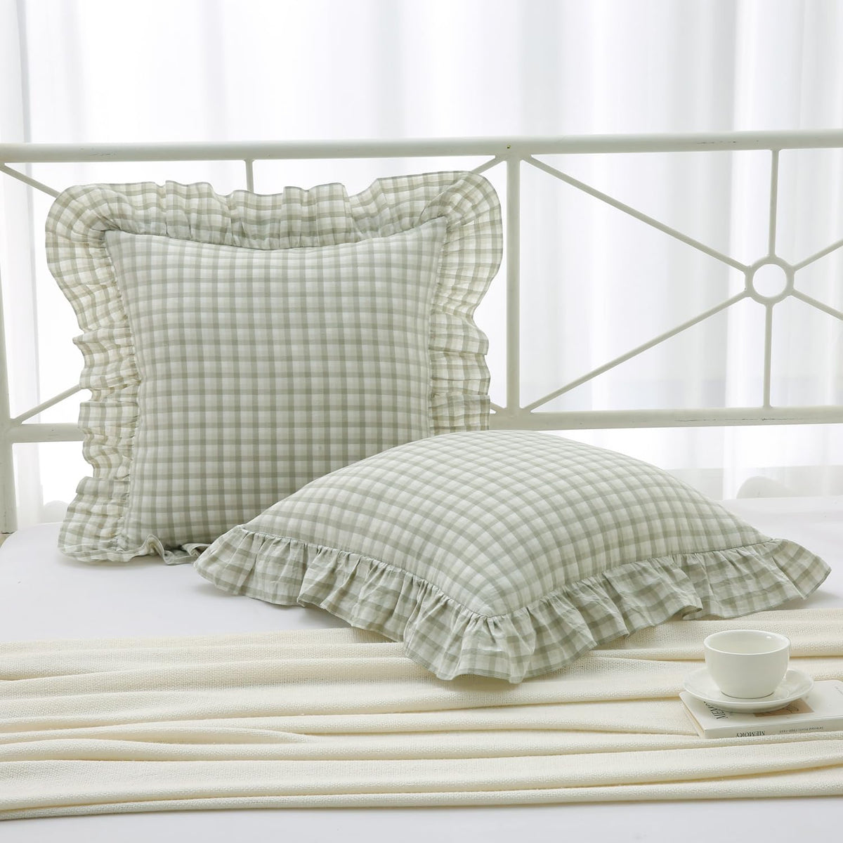 Mywinlle Taupe Plaid Gingham Ruffle Decorative Throw Pillow Covers 18"x18"