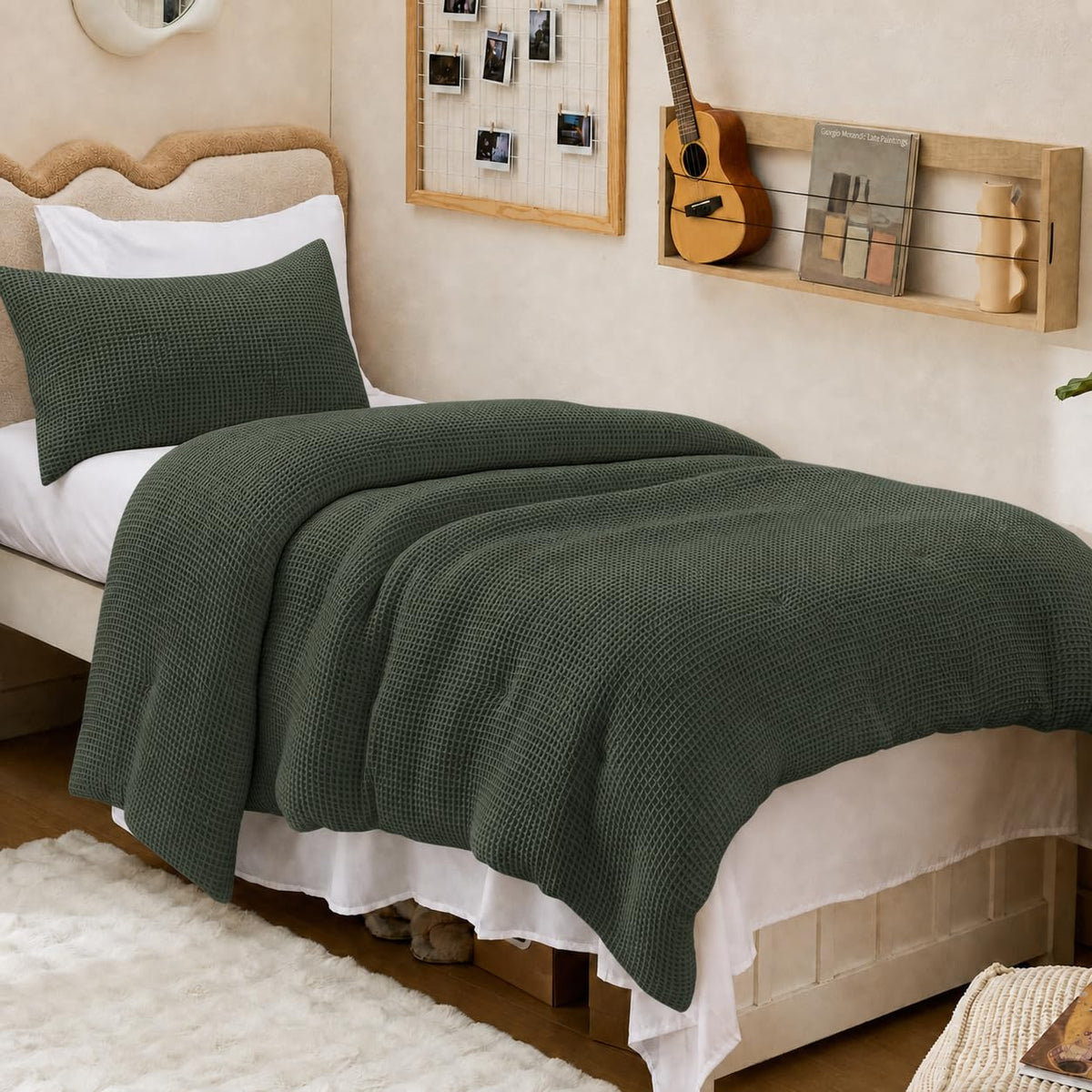 Bedsure Upgraded 3D Waffle Comforter Set King Size, Beige Bedding 3 Pcs