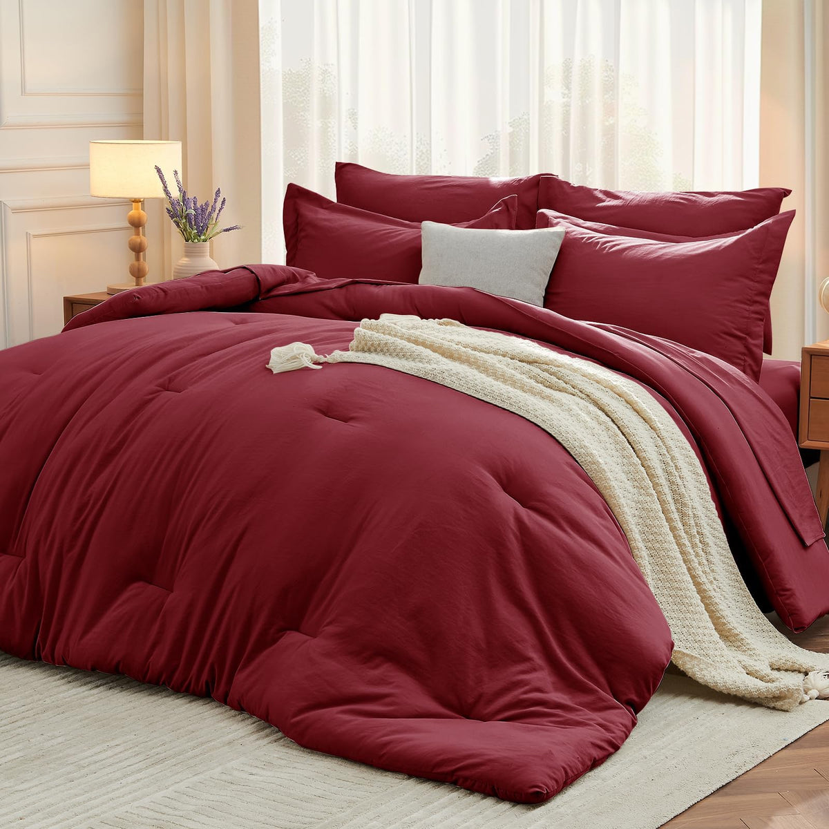 MUXHOMO King Comforter Set 7 Pieces, Soft Bed in a Bag, Beige