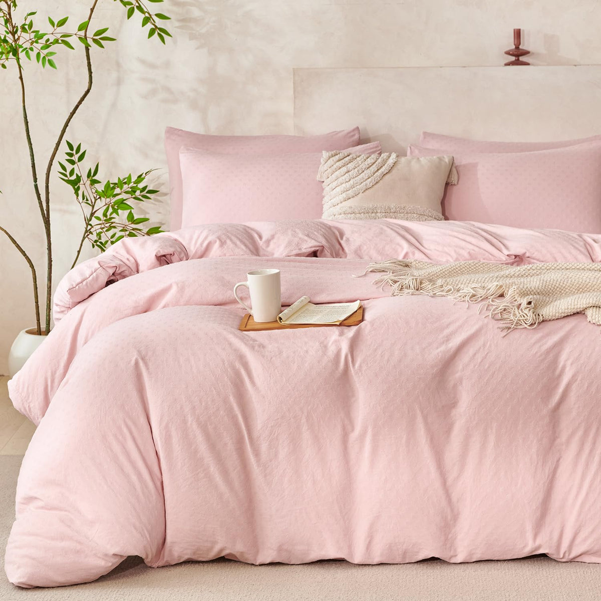Comforter Set King Size Dusty Pink Soft Luxury Washed Microfiber Jacquard 3 Pieces Bedding Set, White Dusty Pink Vertical Ticking Stripes Comforter with 2 Pillowcases Breathable Durable Comfy