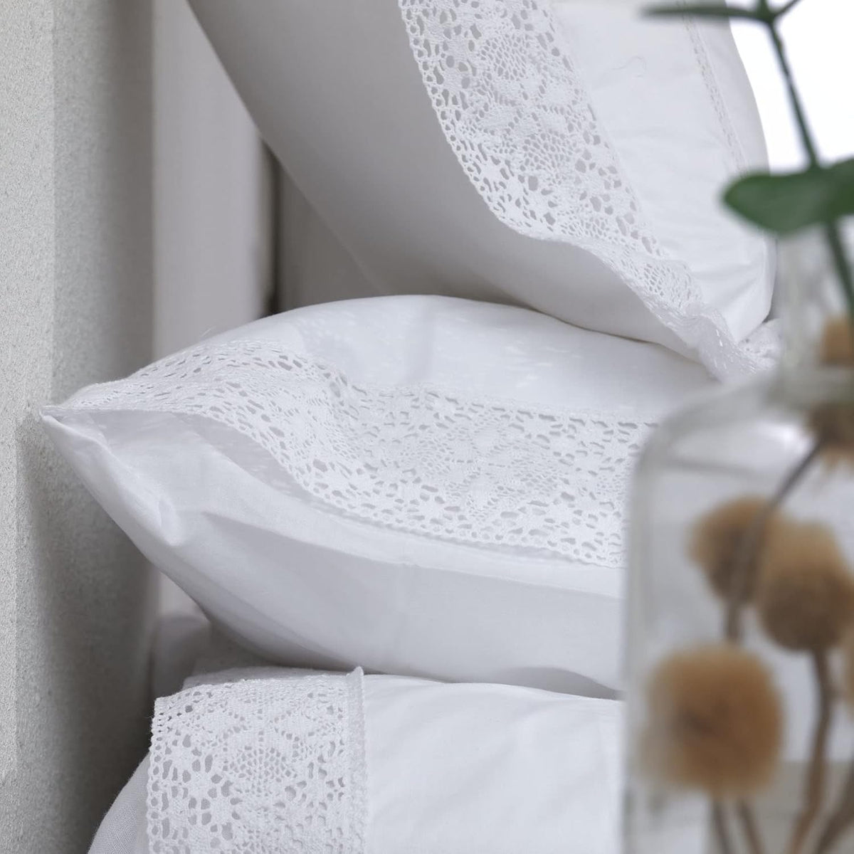 White Lace Pillow Cases Queen Size Set of 2, 100% Cotton Pillowcases, 20x30
