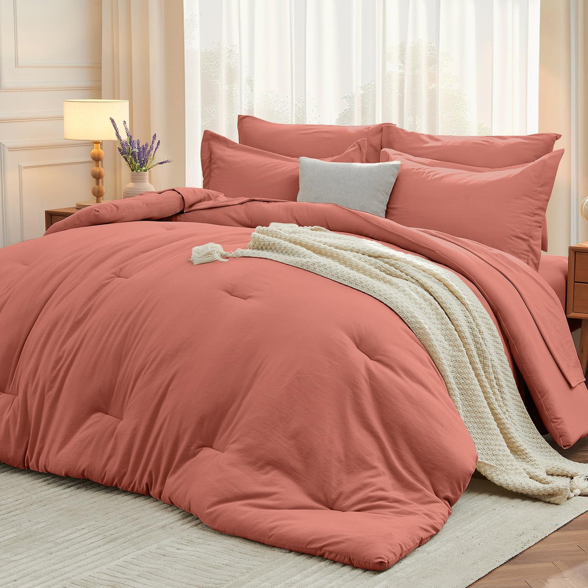 MUXHOMO King Comforter Set 7 Pieces, Soft Bed in a Bag, Beige
