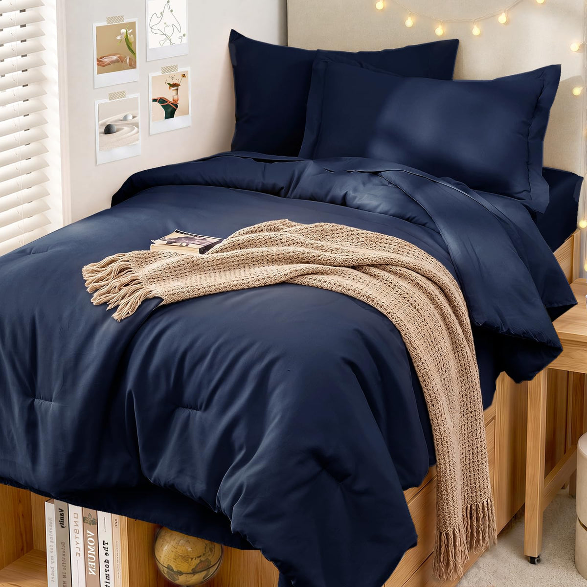 MUXHOMO King Comforter Set 7 Pieces, Soft Bed in a Bag, Beige