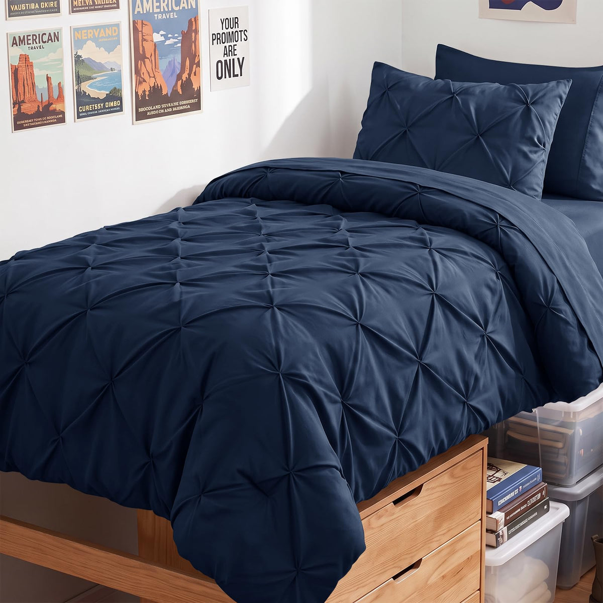HIMEET Queen Comforter Set Black - 7 Pieces Pintuck Bed in a Bag