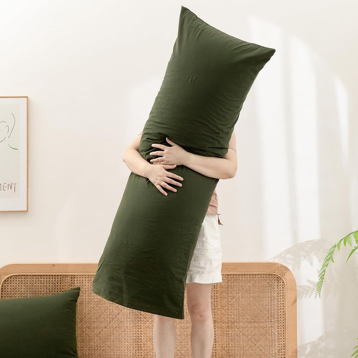 BESTOUCH Washed Cotton Pillowcases Linen Feel Olive Green Body