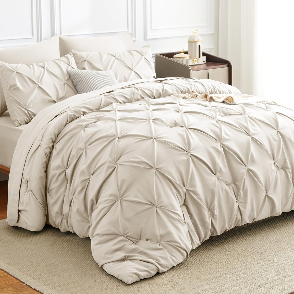 HIMEET Queen Comforter Set Black - 7 Pieces Pintuck Bed in a Bag