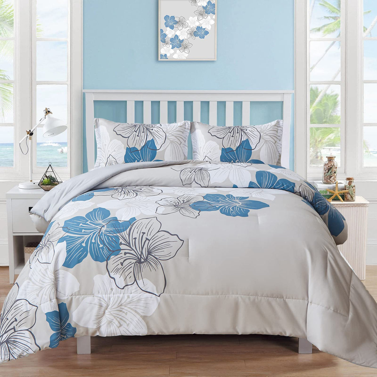 Menghomeus Queen Comforter Set, 3 Piece Dark Purple Floral Bedding Sets