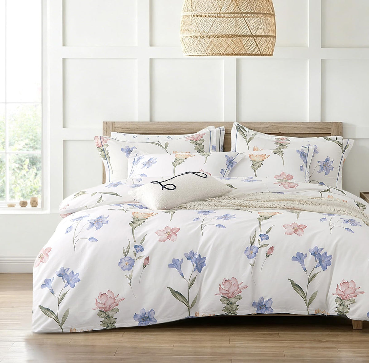 ALEISSEL Natural Cotton 3pcs Floral Comforter Sets King Size-Yellow Comforter with Pink & Yellow Flowers and Blue & Green Leaves on White, Reversible Lightweight Bedding Sets(King 104"×90")