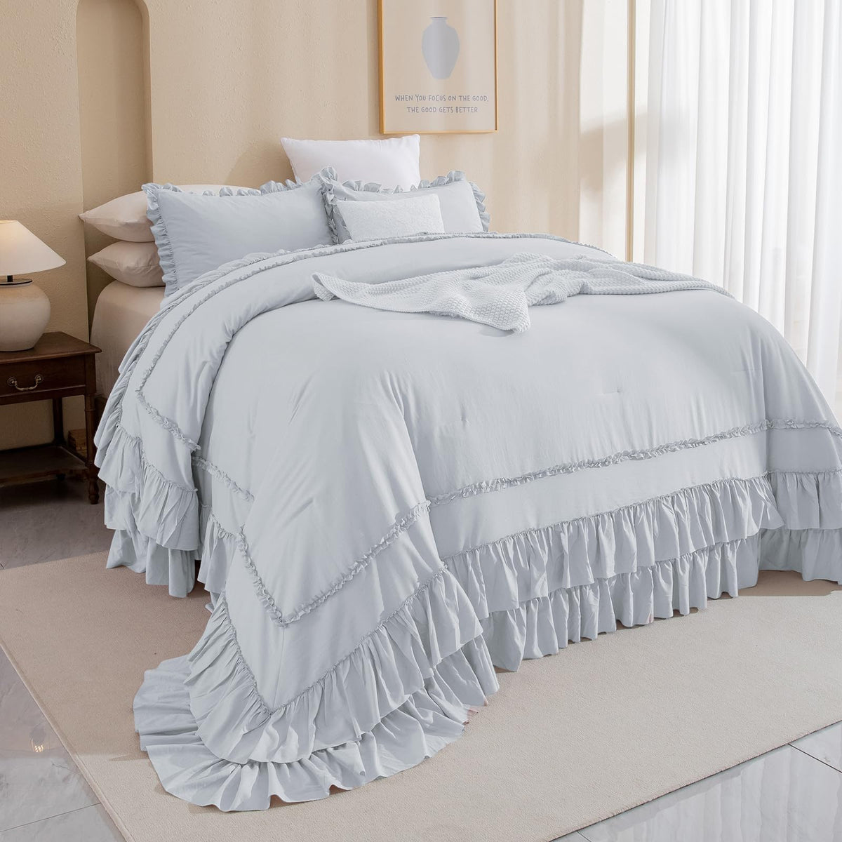 QSH Queen's House Light Blue Farmhouse Ruffled King Size Comforter Set,Lightweight Microfiber Inner Fill Fluffy Boho Chic Bedding Comforter,Ultra Soft Microfiber Inner Fill Bedding