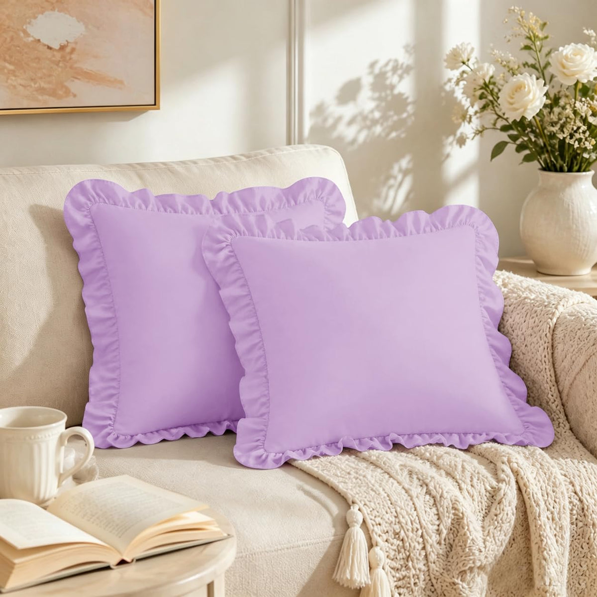 Homiest Ruffle Pillow Cases Standard Set of 2, White, 20x26 in