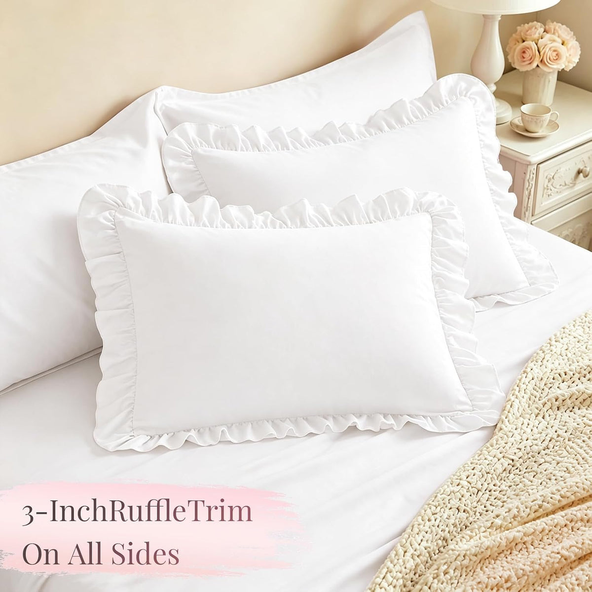 Homiest Ruffle Pillow Cases Standard Set of 2, White, 20x26 in