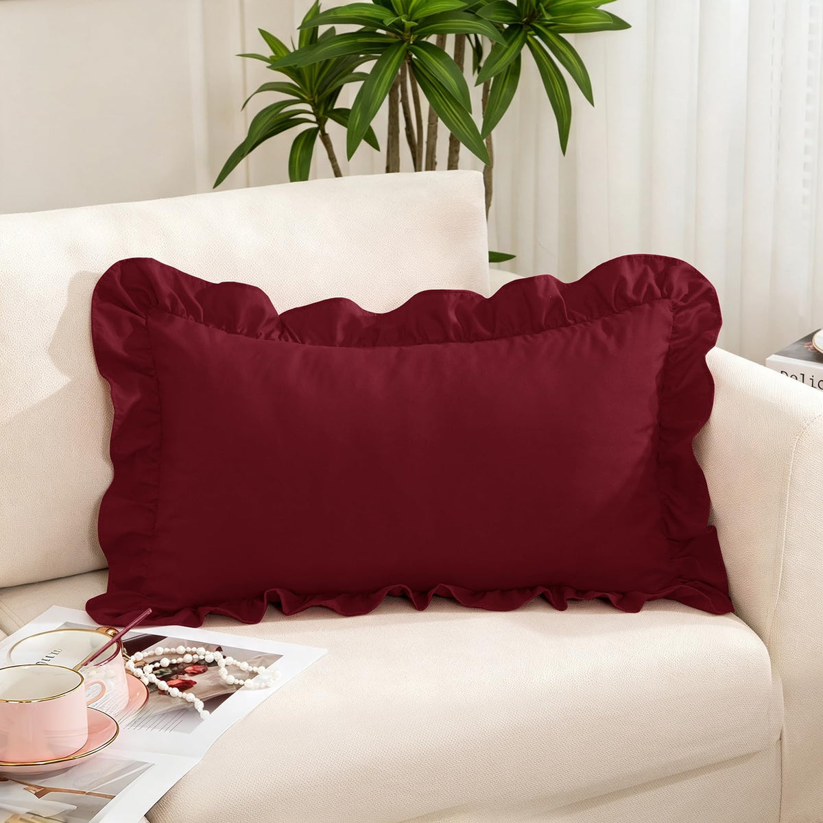 Pink Ruffle Lumbar Pillow Cover, 12x20 Inch