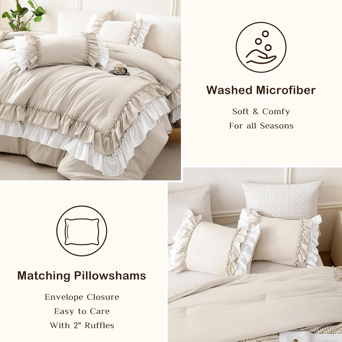 Masaca Ruffled Comforter Set Queen,Farmhouse Shabby Boho Chic Bedding Wheat and White Ruffle Comforter Vintage Rustic French Country Elegant Bedding Set 3PCS