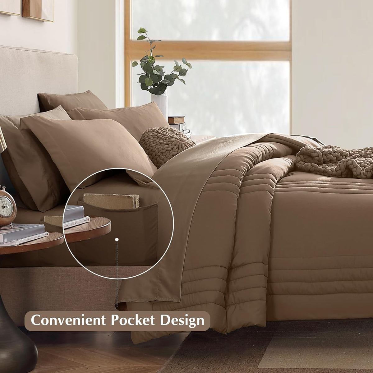 King Size Comforter Set-7 Pieces Brown Soft Bed in a Bag King Bedding Sets