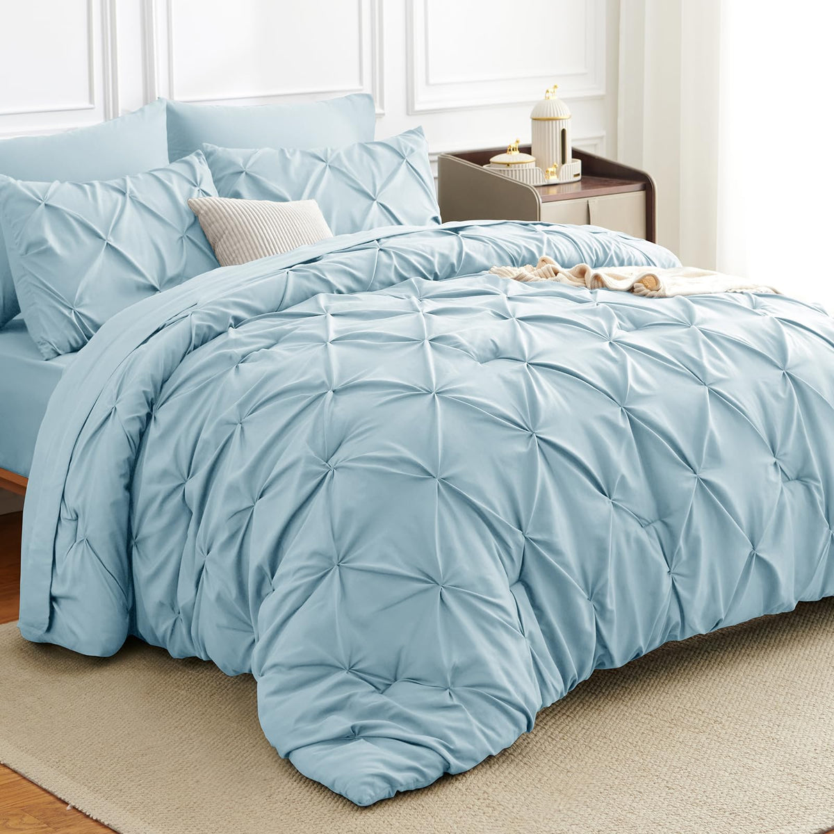 HIMEET Queen Comforter Set Black - 7 Pieces Pintuck Bed in a Bag