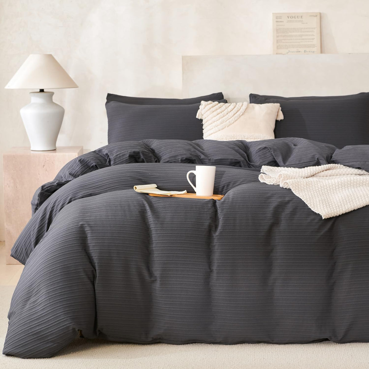Comforter Set King Size Dusty Pink Soft Luxury Washed Microfiber Jacquard 3 Pieces Bedding Set, White Dusty Pink Vertical Ticking Stripes Comforter with 2 Pillowcases Breathable Durable Comfy
