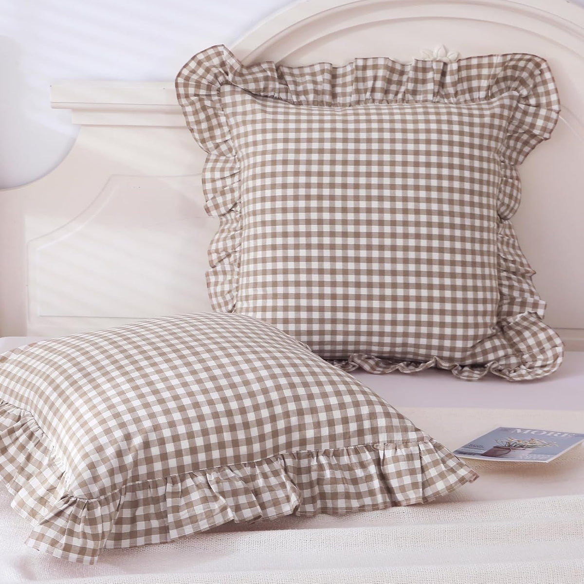 Mywinlle Taupe Plaid Gingham Ruffle Decorative Throw Pillow Covers 18"x18"