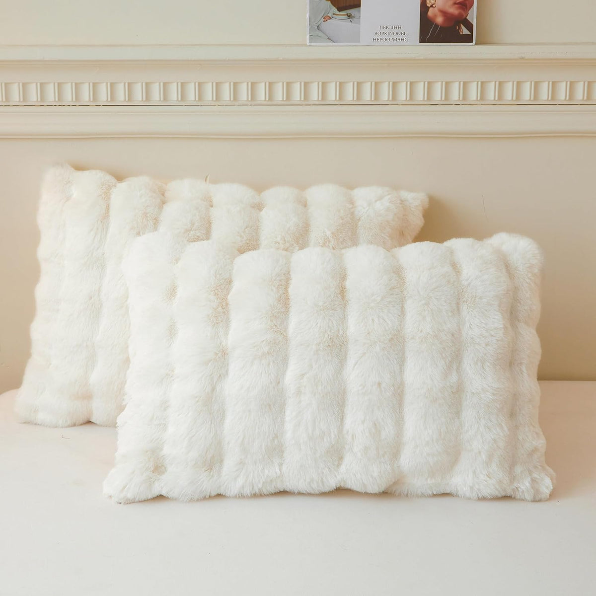LIFEREVO 2 Pack Fluffy Faux Rabbit Fur Standard Pillow Cases, Beige