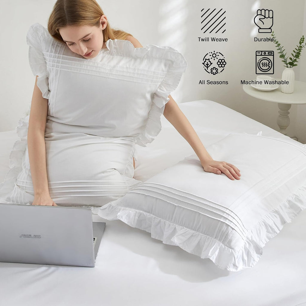 White Ruffled Pillow Shams Standard Size, 100% Cotton Pillow Cases, 20x26