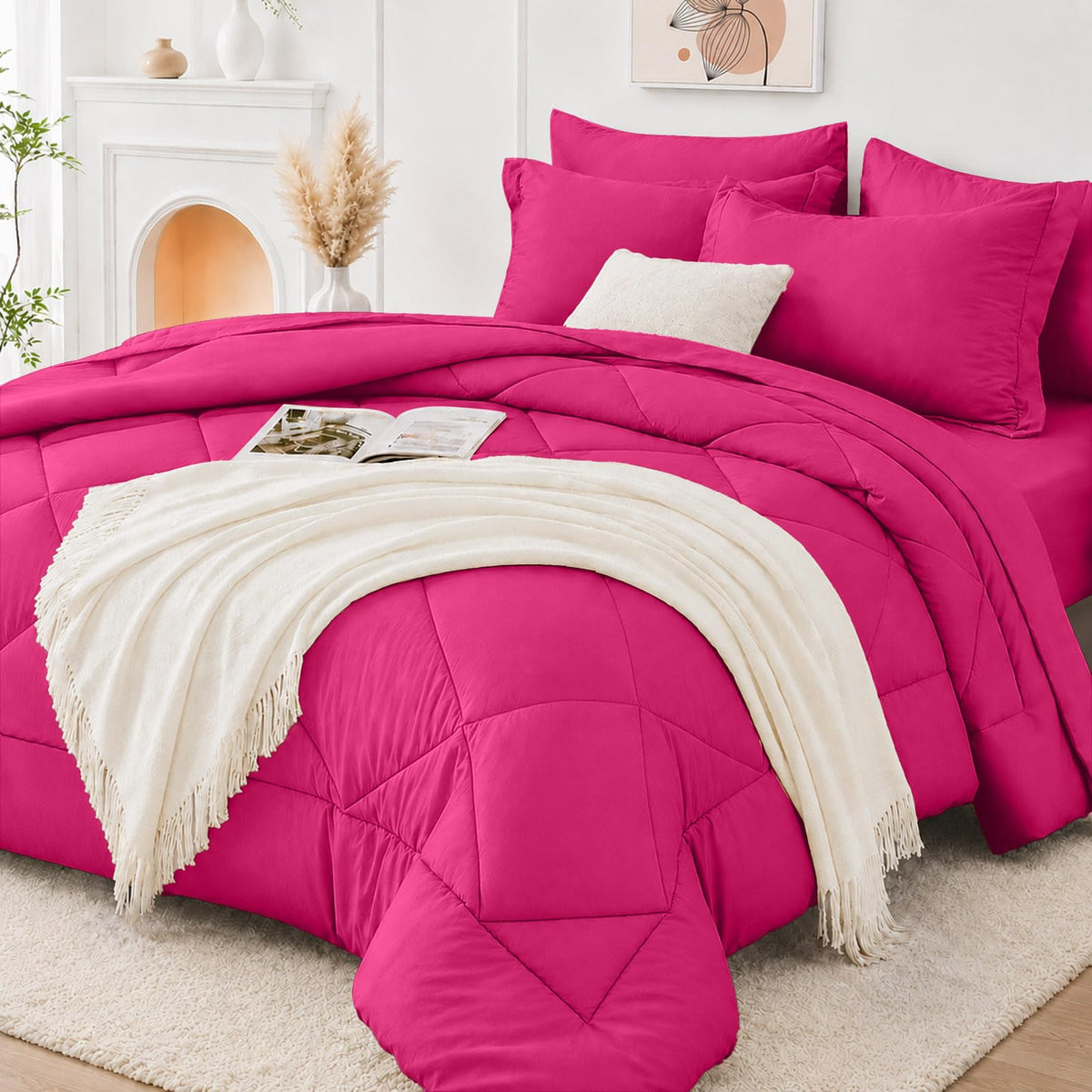 FUANNA Full Size Comforter Sets 7 PCS, Navy Blue Bed Set, Soft Bed in a Bag