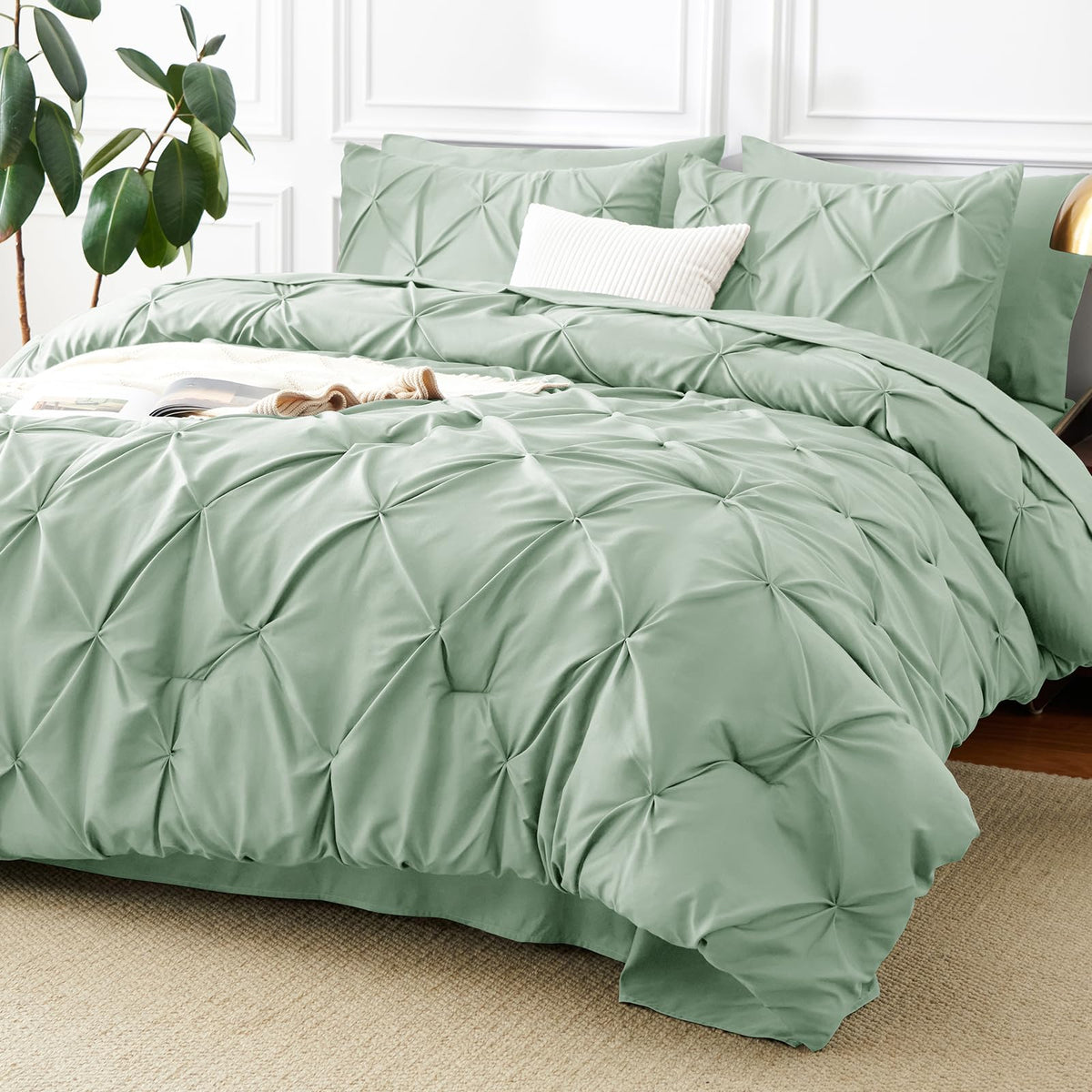 CozyLux Queen Comforter Set Black, 7 Pieces Pintuck Bed in a Bag