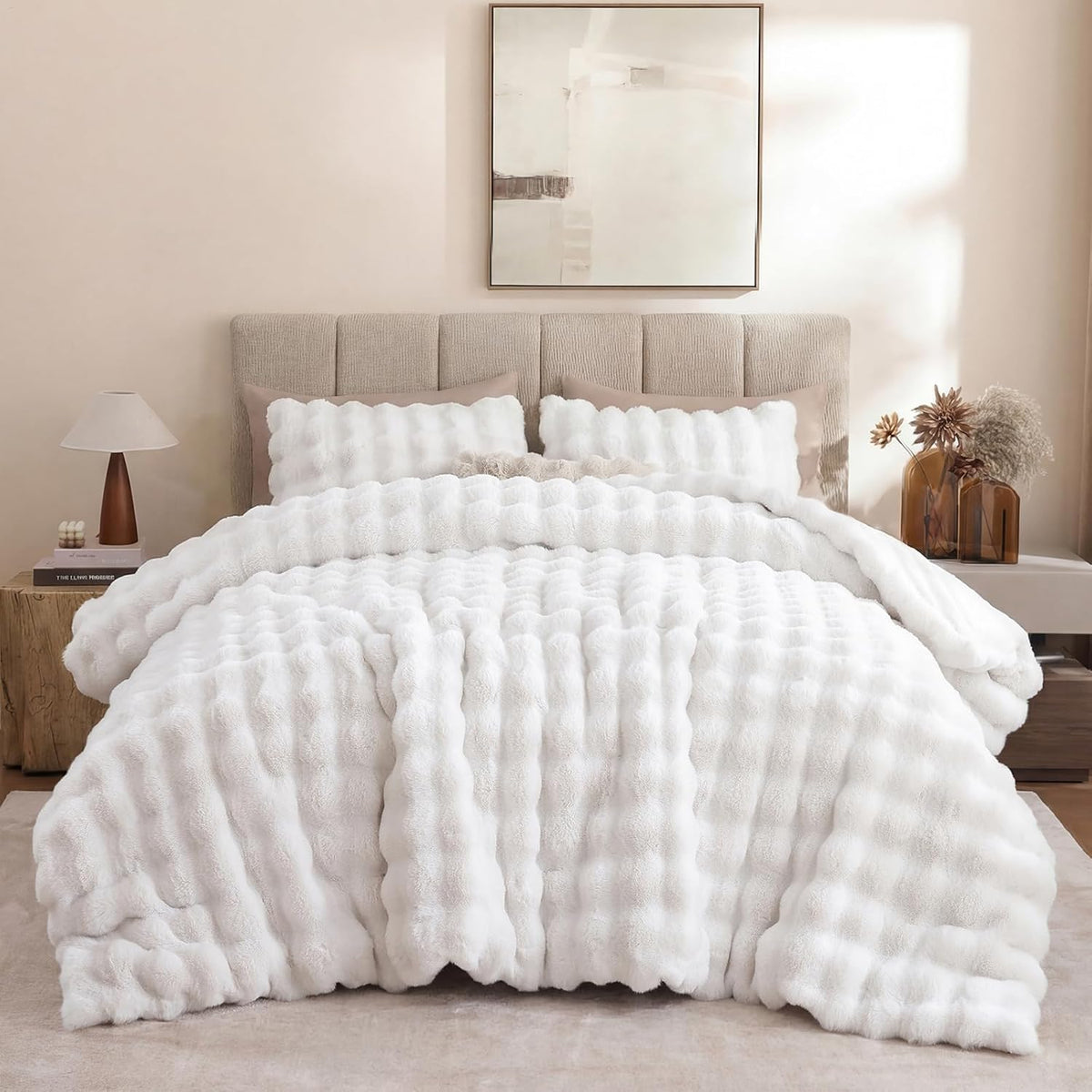 YIKUSH Queen Faux Fur Soft Comforter Set, Fluffy Linen Rabbit Fur Comforter