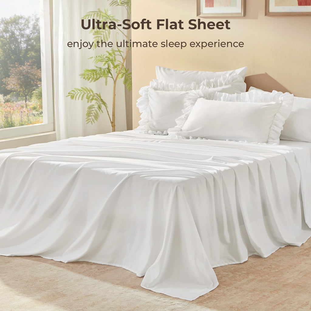 Litanika Queen Comforter Set, 7 Pcs White Ruffle Bed in a Bag