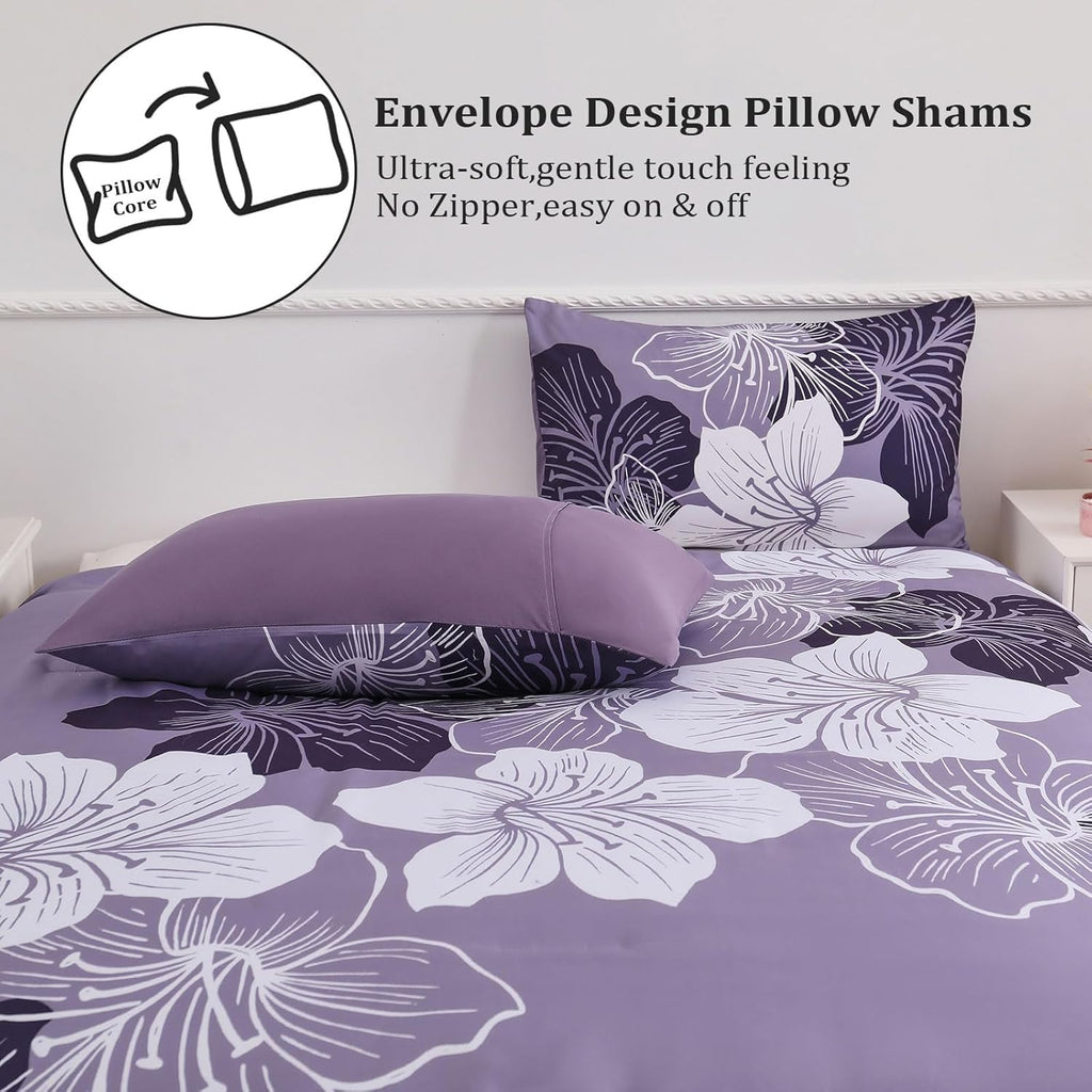 Menghomeus Queen Comforter Set, 3 Piece Dark Purple Floral Bedding Sets