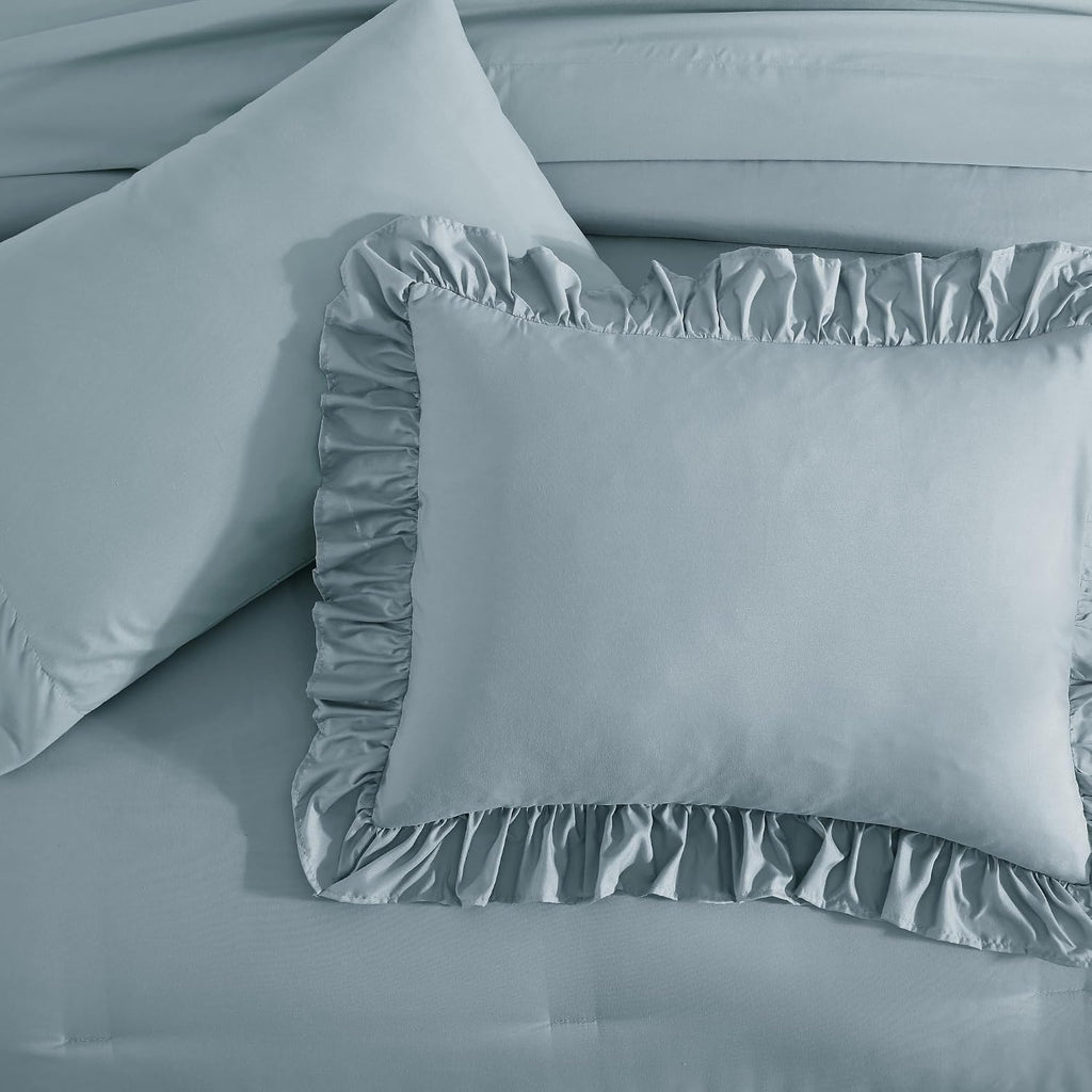 Queen Comforter Set Dusty Blue Ruffle 7 Pieces Farmhouse Bed in a Bag