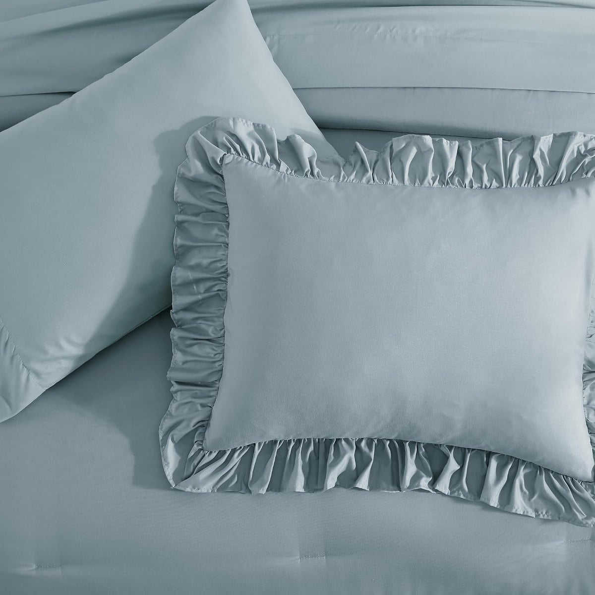 Queen Comforter Set Dusty Blue Ruffle 7 Pieces Farmhouse Bed in a Bag