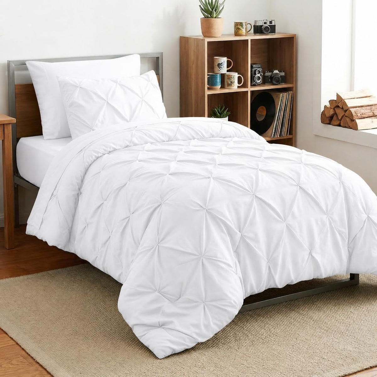 HIMEET Queen Comforter Set Black - 7 Pieces Pintuck Bed in a Bag
