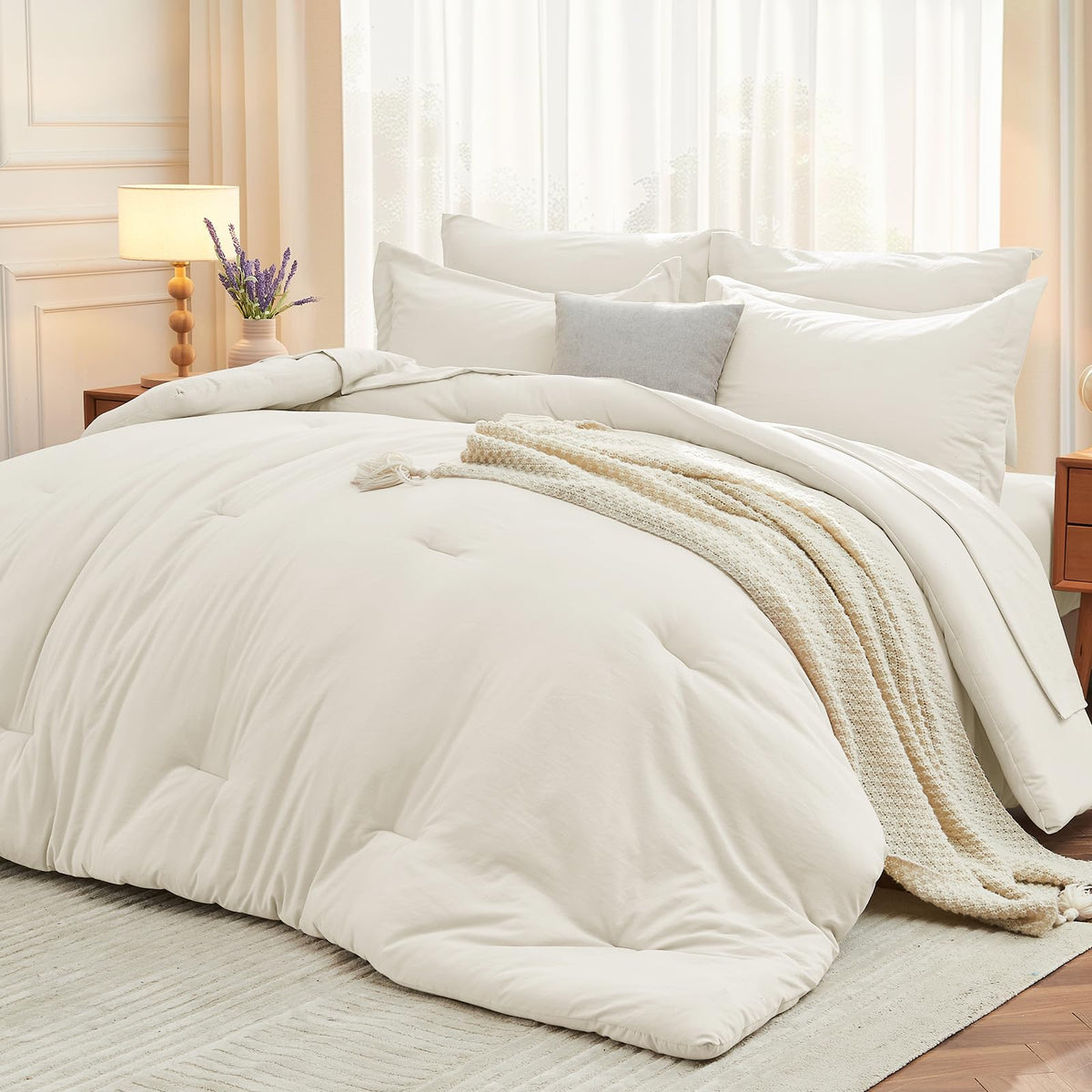 MUXHOMO King Comforter Set 7 Pieces, Soft Bed in a Bag, Beige