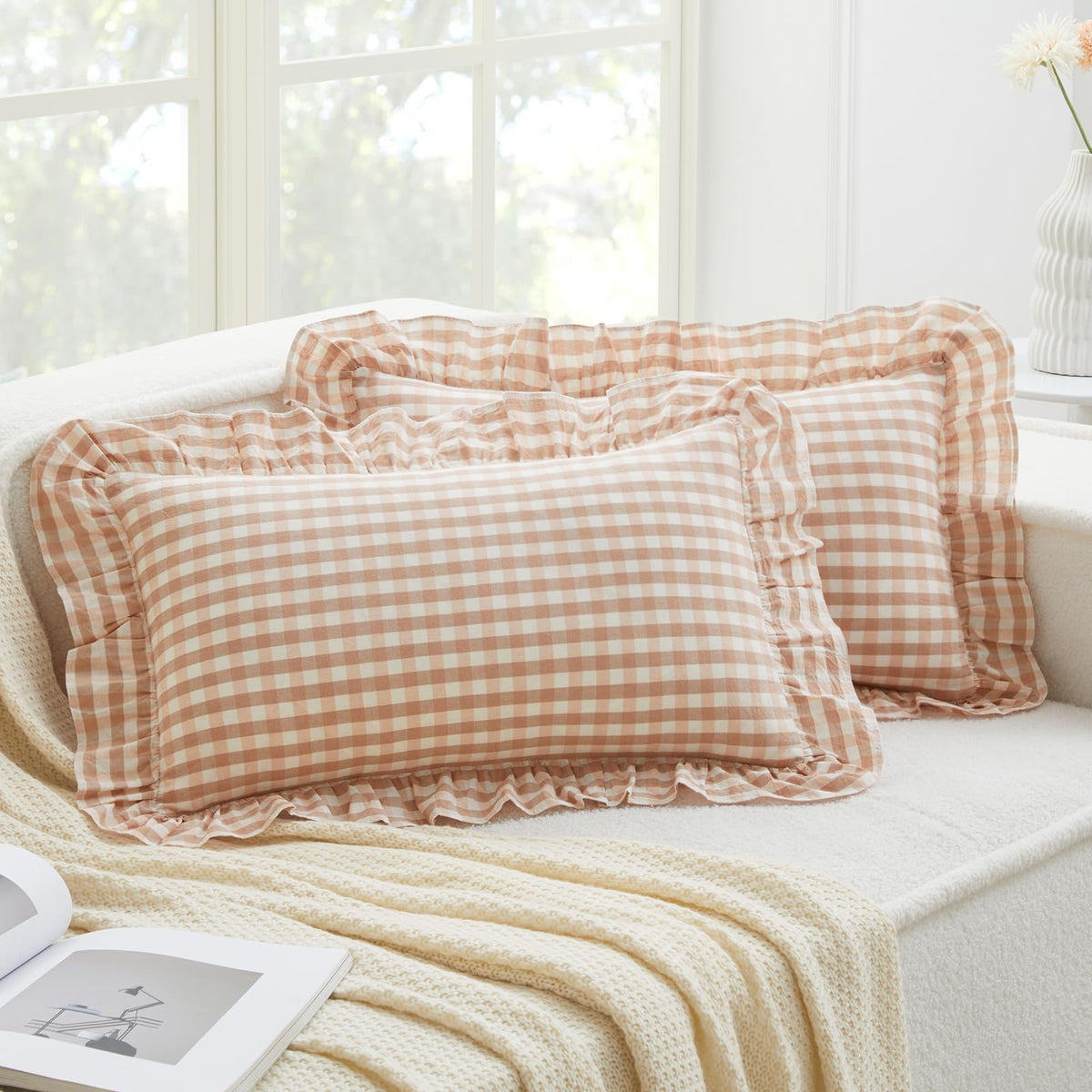 KKJIAF 2 Pcs Plaid Ruffle Pillow Case Standard Size, Sage Green Plaid