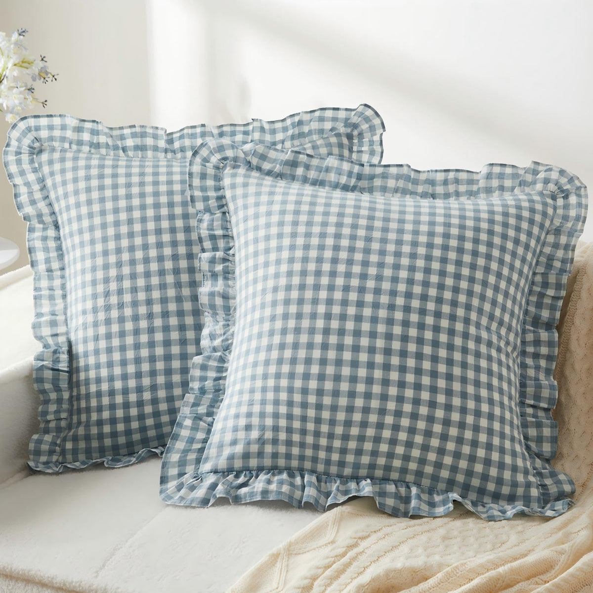 KKJIAF 2 Pcs Plaid Ruffle Pillow Case Standard Size, Sage Green Plaid