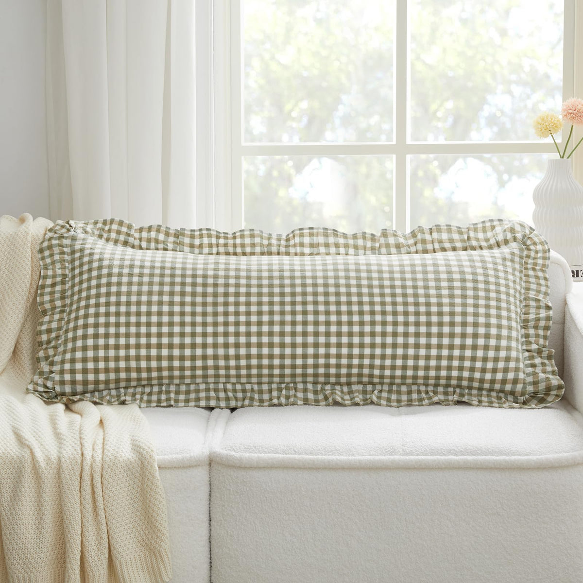 KKJIAF 2 Pcs Plaid Ruffle Pillow Case Standard Size, Sage Green Plaid