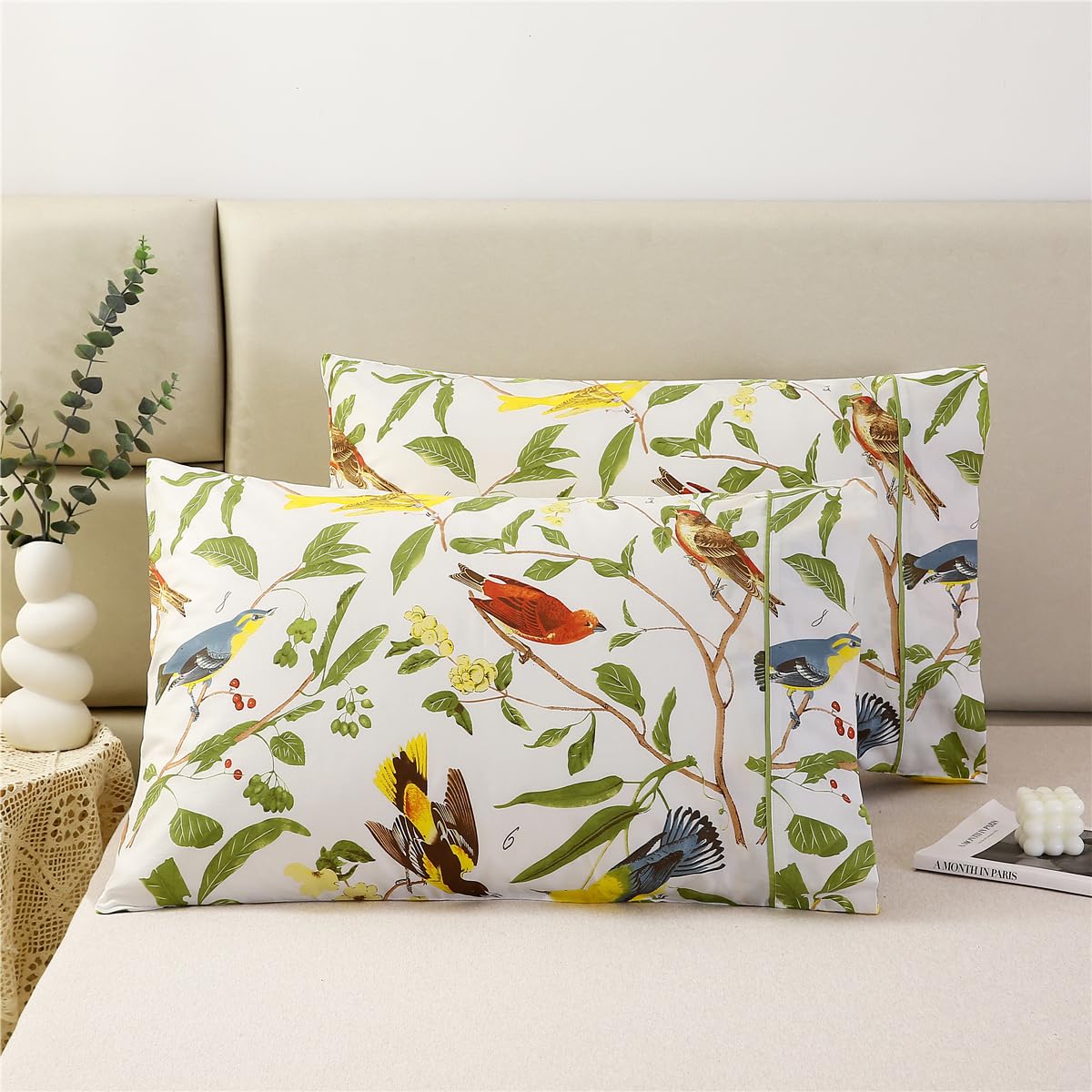 URBONUR 100% Cotton Pillowcases Set of 2 Standard Size Floral Printed Butterfly Pillow Cases Soft Breathable Cooling Pillowcase Decorative Pillow Cover (Standard, 20x26 Inches, Green Flowers)