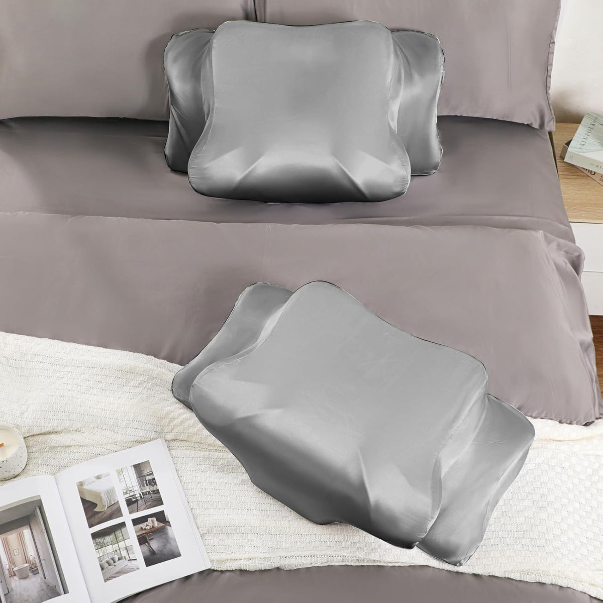 Satin Pillowcase for Cervical Pillows, (Cover Only) Fit for Orthopedic Neck Support Pillow, Silky Smooth Pillowcase Cover with Zipper Closure (Gray)