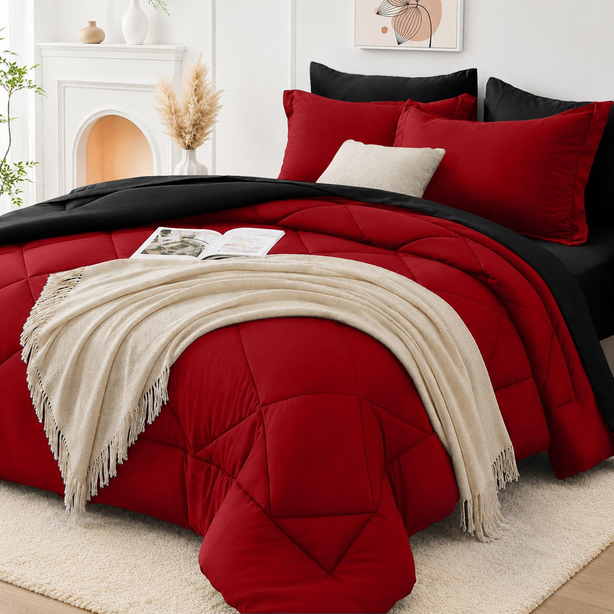 FUANNA Full Size Comforter Sets 7 PCS, Navy Blue Bed Set, Soft Bed in a Bag