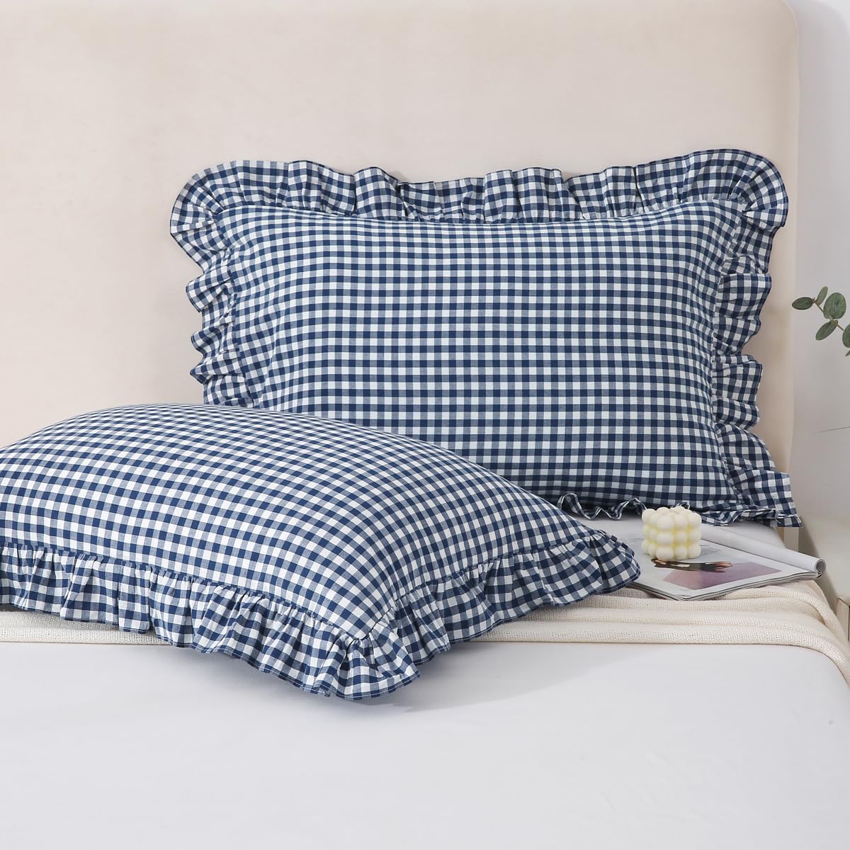 Silnuo Taupe/White Gingham Plaid Ruffled Pillow Covers Queen Size Set of 2