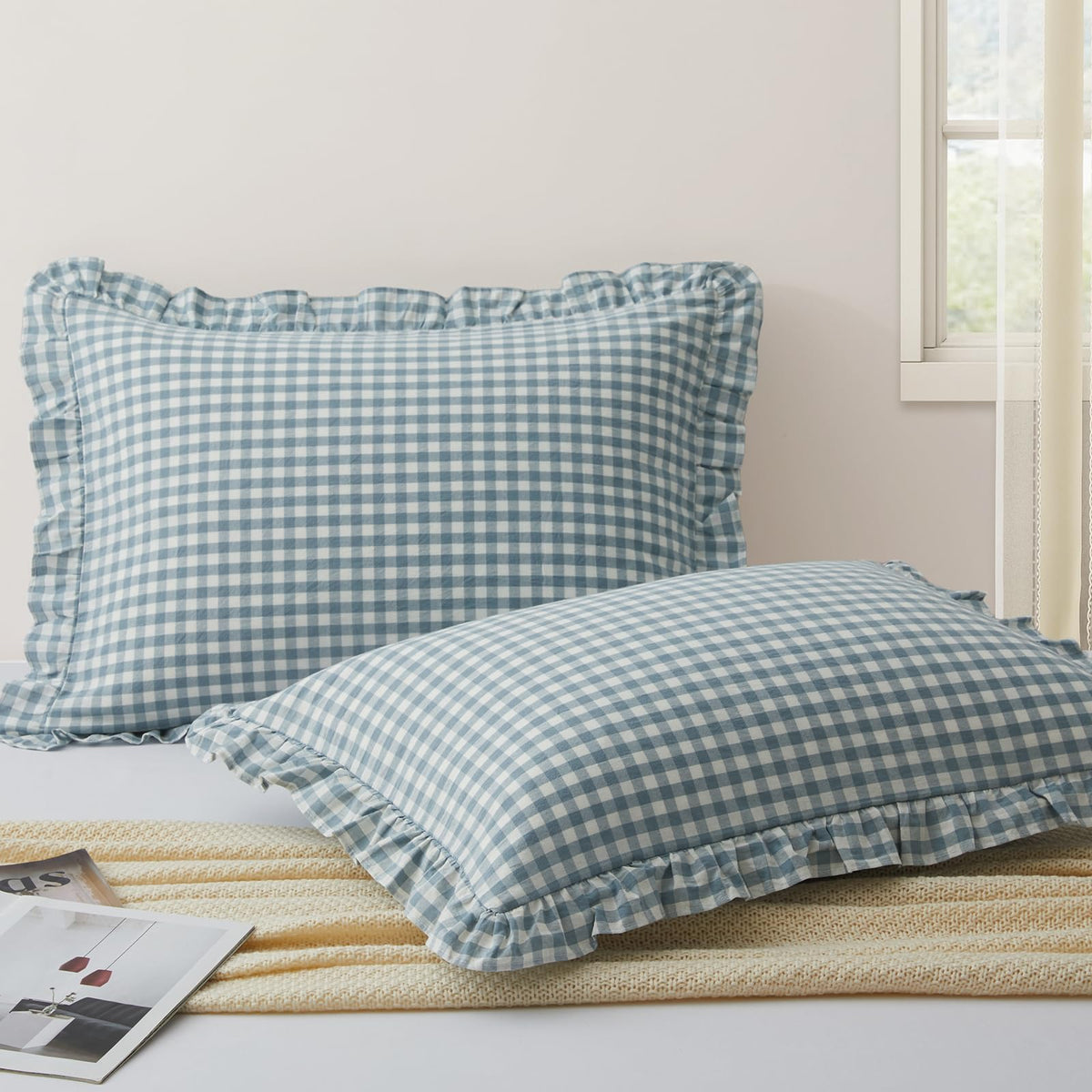 KKJIAF 2 Pcs Plaid Ruffle Pillow Case Standard Size, Sage Green Plaid