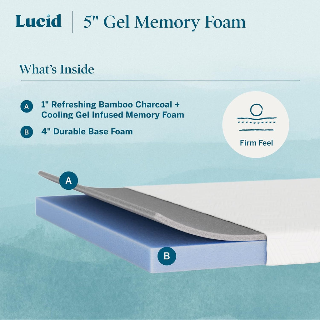 Lucid® 5" Firm Gel Memory Foam Mattress – Bamboo Charcoal & Cooling Gel – Fiberglass Free – Bed in a Box – CertiPUR-US® Certified – Full Size