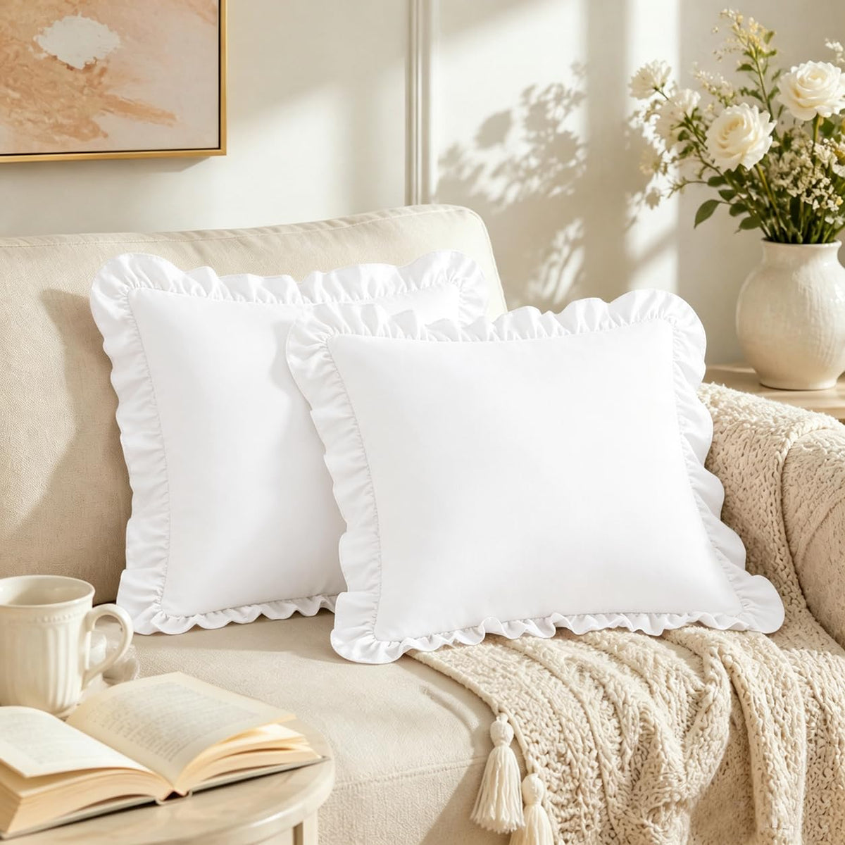 Homiest Ruffle Pillow Cases Standard Set of 2, White, 20x26 in