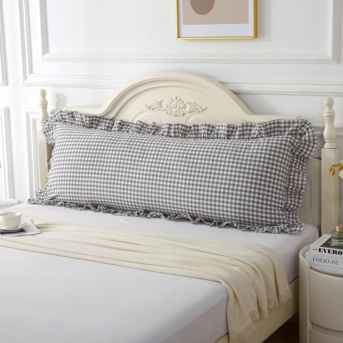 Silnuo Taupe/White Gingham Plaid Ruffled Pillow Covers Queen Size Set of 2