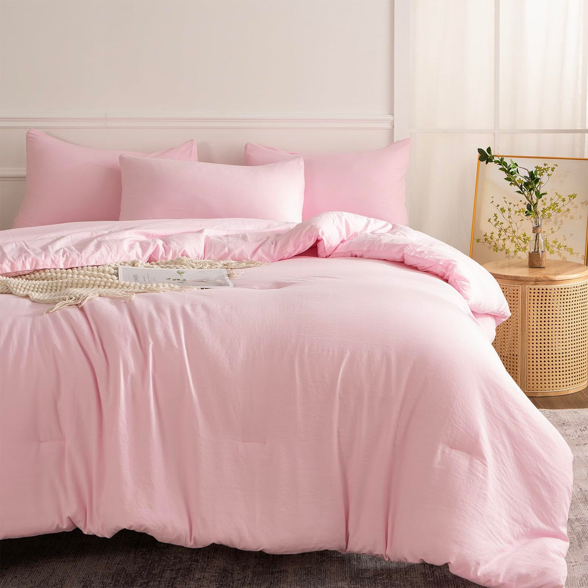 Comforter Set King Size Dusty Pink Soft Luxury Washed Microfiber Jacquard 3 Pieces Bedding Set, White Dusty Pink Vertical Ticking Stripes Comforter with 2 Pillowcases Breathable Durable Comfy