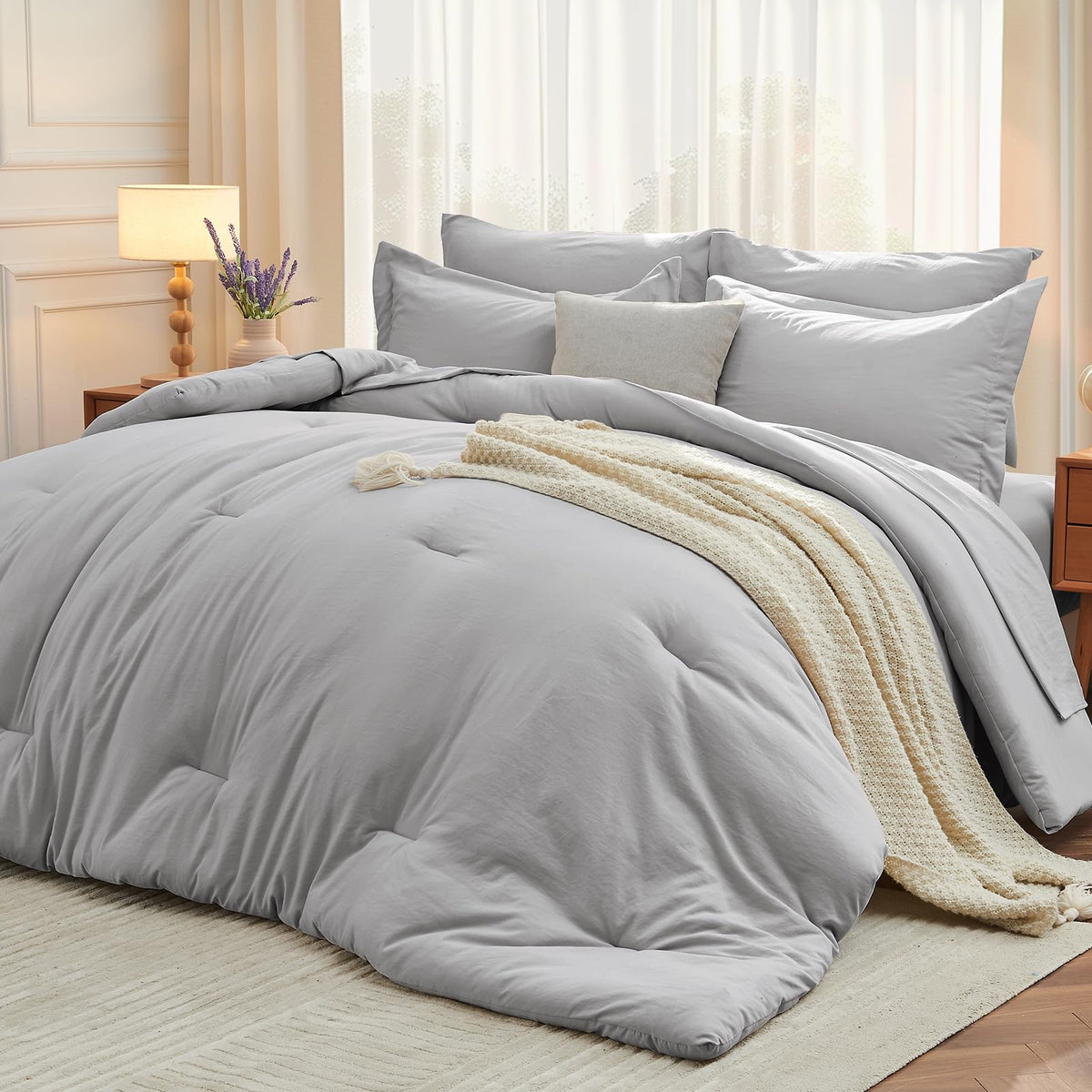 MUXHOMO King Comforter Set 7 Pieces, Soft Bed in a Bag, Beige