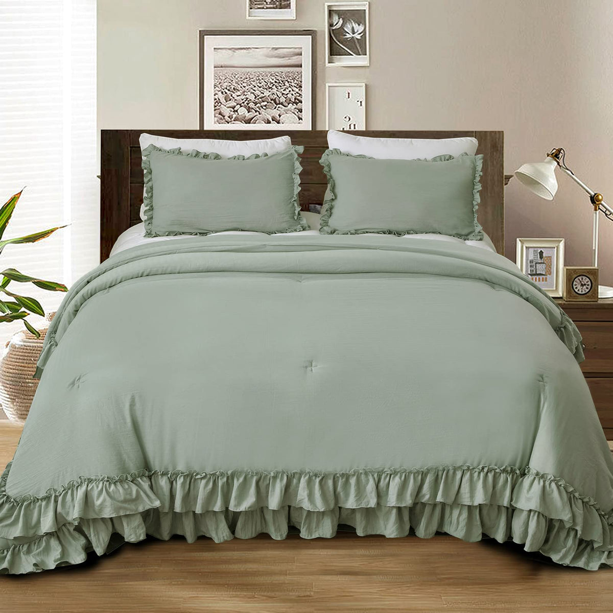 Masaca Ruffled Comforter Set Queen,Farmhouse Shabby Boho Chic Bedding Wheat and White Ruffle Comforter Vintage Rustic French Country Elegant Bedding Set 3PCS